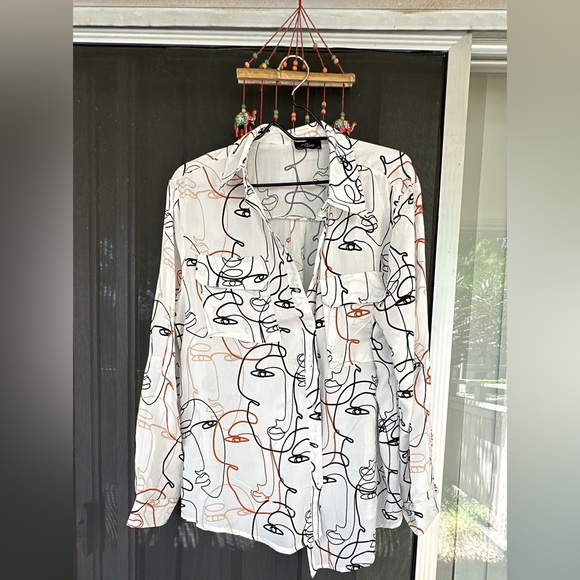 Abstract Face Print Button-Up Blouse - Picture 2 of 3